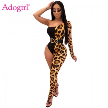 Adogirl Leopard Print Patchwork Women One Leg Jumpsuit Sexy One Shoulder Long Sleeve Skinny Romper Night Club Overalls Bodysuits